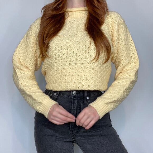 Vintage 90s Karen Scott Size Large Pastel Yellow Texturized Mockneck Sweater - Picture 2 of 11